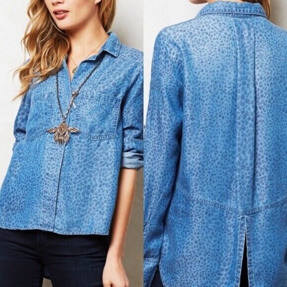 Anthropologie Cloth & Stone Size S Chambray Shirt Button Down Long Sleeve Animal